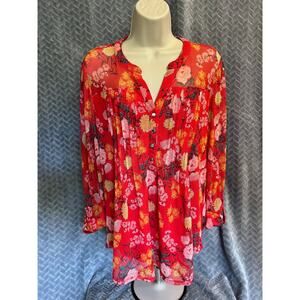 Cocomo Women's Vibrant Color Roll Tab Sleeves, V-Neck Size L Colorful Flowy Boho